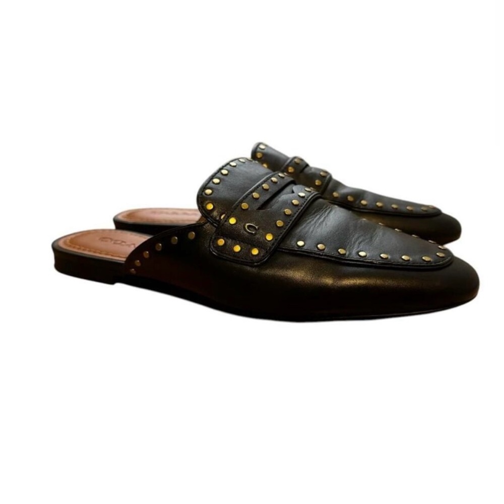 Coach Fay Loafer Black Leather and Gold Studded Slides SZ 8